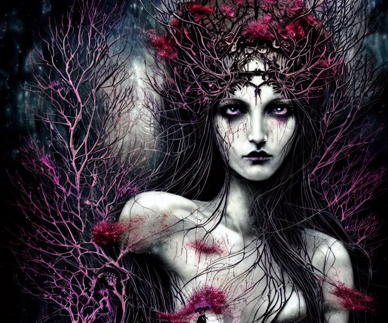 Prompt: a goddess of freewill middle of old temple, dark colors and mysterious,, gothic eerie, cinematic, epic, 8 k, ultra detail, ultra realistic | nights falling wind is blowwing snow is pilling concept art in style of carne griffiths artwork by xsullo. | backround of beautiful floweres floatingby elson, peter kemp, peter