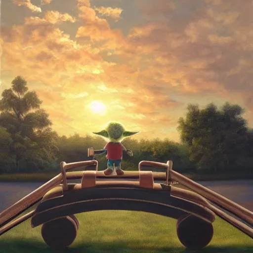 Image similar to high - angle view, shot from 5 0 feet distance, baby yoda strolls plays on a seesaw in a city park. a balloon vender in the background. dramatic clouds, setting sun. golden hour, oil on canvas painting, detailed, depth, volume, chiaroscuro, quiet intensity, serene.