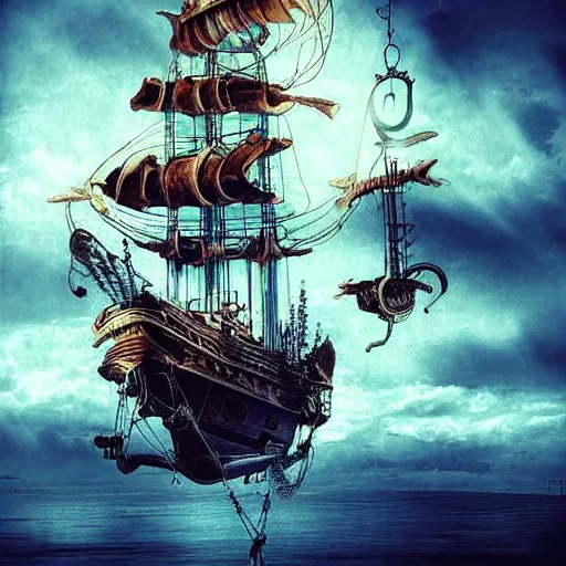 Image similar to A flying octopus ship, digital art, steampunk, epic, cinematic, dramatic lighting