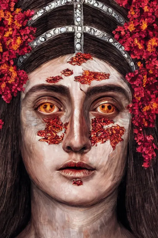 Prompt: hyperrealism close - up mythological portrait of an exquisite medieval woman's shattered face partially made of crimson flowers in style of classicism, wearing silver silk robe, dark palette