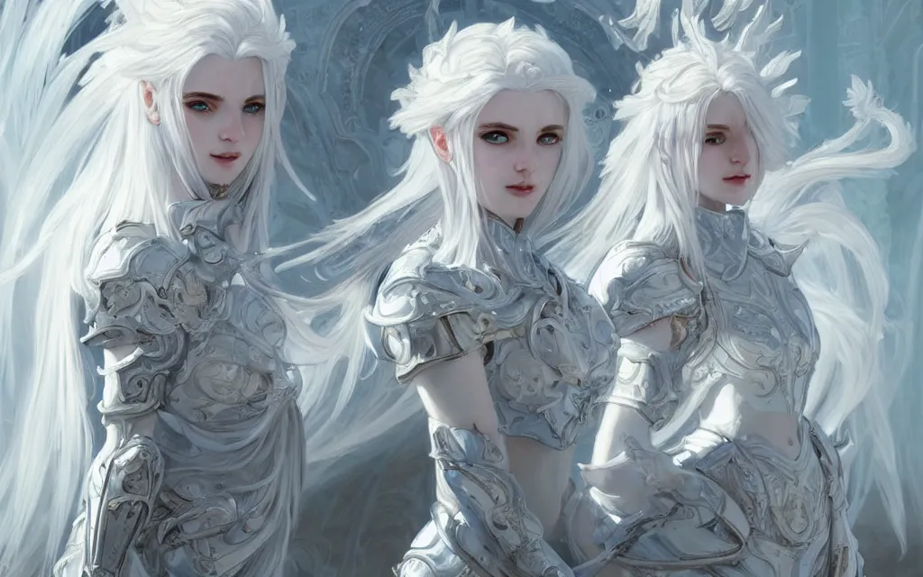 Image similar to portrait white hair knights of zodiac girl, matt white ice color armor, in ruined agora of athens, ssci - fi and fantasy, intricate and very very beautiful and elegant, highly detailed, digital painting, artstation, concept art, frostbite engine, smooth and sharp focus, illustration, art by tian zi and wlop and alphonse mucha