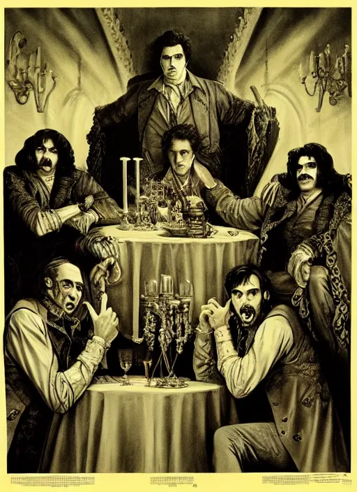 Prompt: old movie poster from 8 0 - s with three vampires from < < what we do in the shadows > > sitting around a table, baroque style art by gustave dore, gray lights in the background, dramatic light