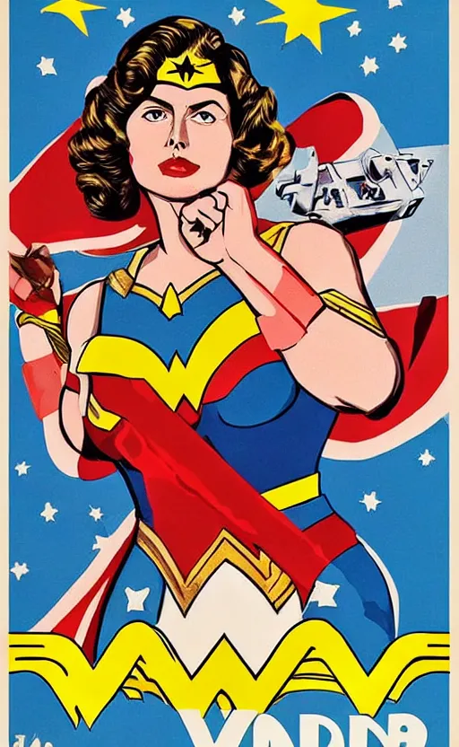 Image similar to ingrid bergman as wonder woman. poster for the film'wonder woman versus the robots '. colourful detailed painted collage. action. beautiful. powerful.