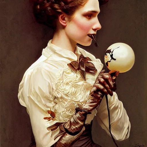 Image similar to painting skull portrait young woman holding a balloon, intricate, elegant, highly detailed,, art by jc leyendecker and singer sargent