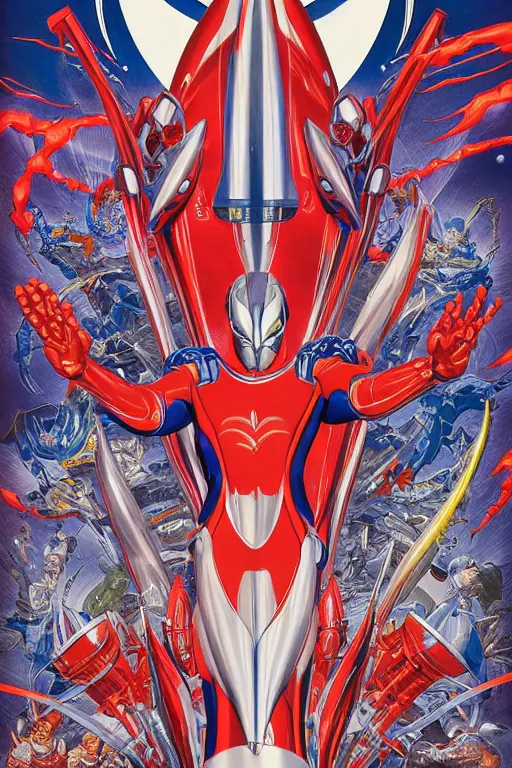 Prompt: poster of ultraman, symmetrical, by yoichi hatakenaka, masamune shirow, josan gonzales and dan mumford, deayami kojima, takato yamamoto, barclay shaw, karol bak, yukito kishiro