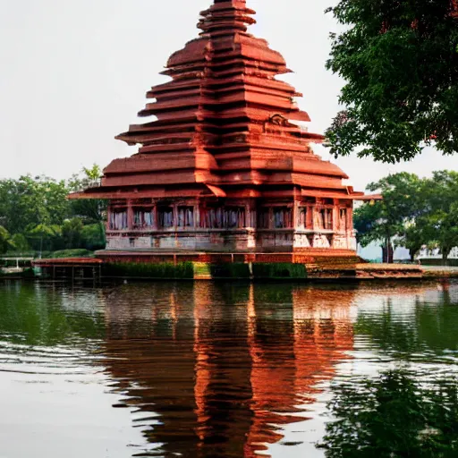 Prompt: A beautiful Hindu temple in front of a lake with a big sauwastika symbol on top, 50mm photo