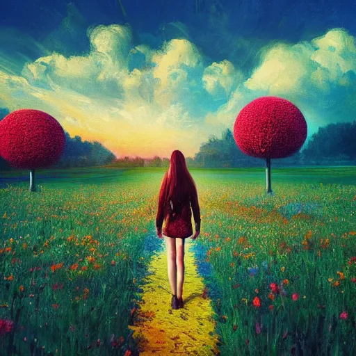 Image similar to giant flower as a head, girl walking in flower field, surreal photography, sunrise, dramatic light, impressionist painting, colorful clouds, digital painting, artstation, simon stalenhag