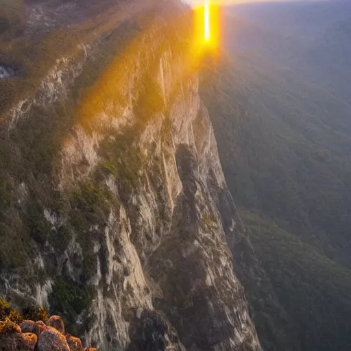 Prompt: uma criatura estranha segurando uma fonte de luz no topo de uma montanha