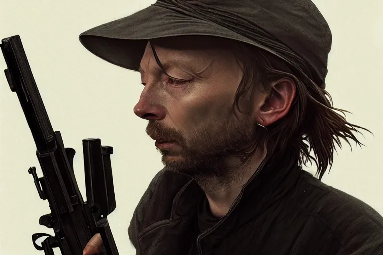 Image similar to photography of thom yorke with an ak 4 7, deep focus, d & d, intricate, elegant, highly detailed, digital painting, artstation, concept art, matte, sharp focus, illustration, hearthstone, art by artgerm and greg rutkowski and alphonse mucha