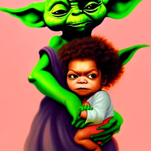 Prompt: curled perspective digital art of curly brown hair baby girl with baby yoda by anton fadeev from nightmare before christmas