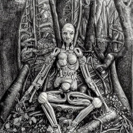 Image similar to A Cybernetic Thinker sculpture, sitting in a open forest, mushrooms and peyote at the base, high detail, b&w, ornate naturalist sketch