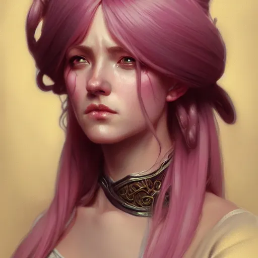 Prompt: aristocrat scowling, female, d & d, fantasy, intricate, elegant, highly detailed, pink hair, digital painting, artstation, octane render, concept art, matte, sharp focus, illustration, hearthstone, art by artgerm, alphonse mucha johannes voss