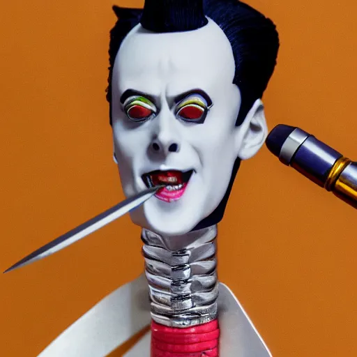 Image similar to a high quality product photo ad of klaus nomi with a technical reed rollerball pen exacto knife made in switzerland by junji ito, ethereal eel unsplash contest winner