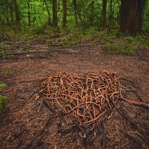 Prompt: photograph of a human heart laying in a forest full of dead trees