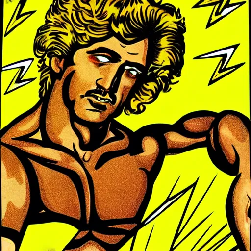 Image similar to zeus throwing lightning bolts, smiting, portrait, 70s pop art