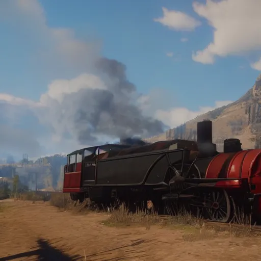 Image similar to futuristic sleek steam locomotive in red dead redemption 2