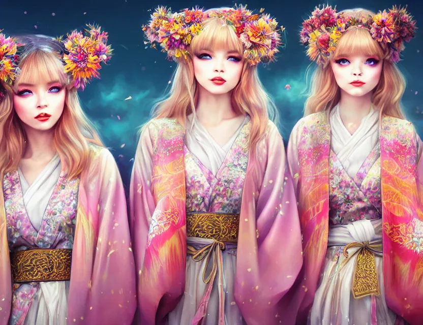 Image similar to two beautiful fashion siberian girls wear fantasy kimono in festival | | big eyes, sunny, dreamlike art, realistic shaded, smile, good looking, hyper details, 4 k realistic, cryengine, realistic shaded lighting poster by artgerm, ross tran, fuji choko, loish, 8 k resolution, trending on artstation, luxury