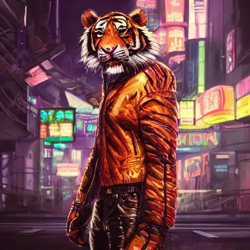 Image similar to a beautfiul award winning commission portrait of an anthro tiger in the neon cyberpunk city at night,wearing a leather jacket,glow effect,detailed face,photorealistic,character design by charles bowater,ross tran,deviantart,artstation,digital art,hyperdetailed,realistoc,western comic style,vfx,dramatic