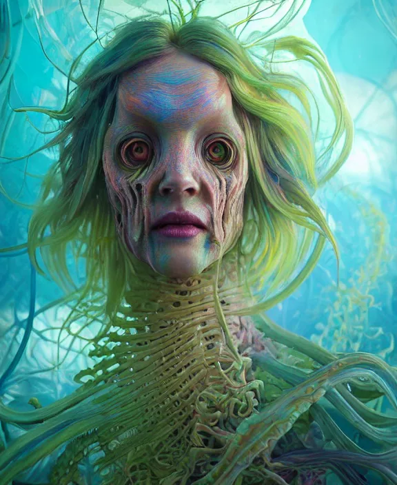 Image similar to filigreed colorful transparent portrait of a terrifying beautiful alien sea creature, fronds, mottled coloring, adorable, childlike, horror environment, ultra realistic, concept art, art nouveau, photorealistic, octane render, 8 k, unreal engine. art by christopher marley and artgerm and greg rutkowski and alphonse mucha