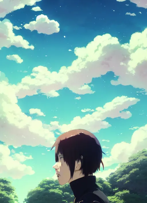 Image similar to portrait of nicolas cage, cloudy sky background lush landscape illustration concept art anime key visual trending pixiv fanbox by wlop and greg rutkowski and makoto shinkai and studio ghibli