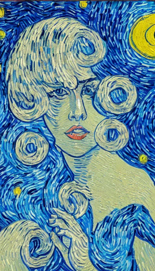 Image similar to A painting of Lady gaga in the style of Vincent van Gogh, starry night, blue yellow. perfectly-centered-painting of Lady Gaga, film still, dynamic action pose, insane detail, intricate, highly detailed, Zeiss Lens, DSLR photography, smooth, sharp focus, 8K