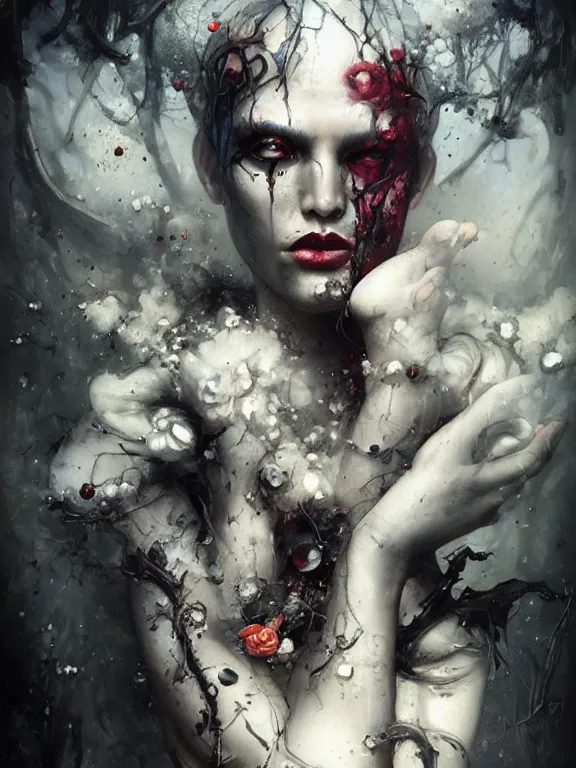 Image similar to a splatterpunk portrait of the ache of existence with shadowy eyes and bonewhite hair, with black glossy lips, hyperrealistic, award-winning, in the style of Tom Bagshaw, Cedric Peyravernay, Peter Mohrbacher