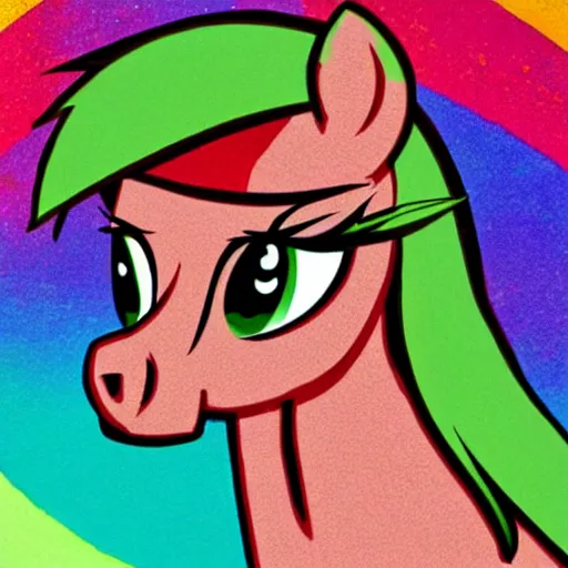 Image similar to stoner pony from my little pony, marijuana themed, art, smoke everywhere, colorful