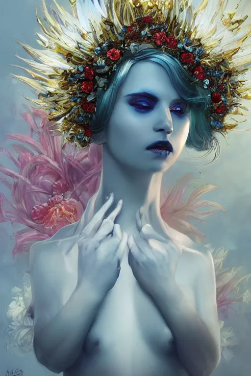 Image similar to a pale girl with white hair and sad blue piercing eyes, black orchid floral crown, distant expression , cinematic lighting, ultra detailed, sharp focus, golden background with white flowers, golden jewellery with blue and red sapphires, super realistic, 8k, art by artgerm and greg rutkowski and zdislav beksinski