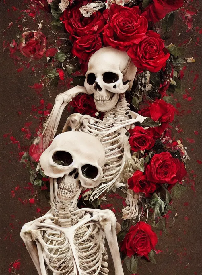 Image similar to transparent woman in a mask of a bird\'s skull with a wreath of roses, dressed in a dress of red boiling liquid wax, from under which the bones of the skeleton are visible, flying around the bird, buds and rose petals, dark background, painted by Caravaggio, Greg rutkowski, Sachin Teng, Thomas Kindkade, Alphonse Mucha, Norman Rockwell, Tom Bagshaw.