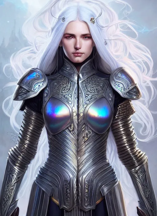 Image similar to light iridescent armor!!! long wild white hair!! covered chest!!! fantasy, d & d, intricate ornate details, digital painting, pretty face!!, symmetry, concept art, sharp focus, illustration, art by artgerm! greg rutkowski magali villeneuve wlop! ilya kuvshinov!!, octane render