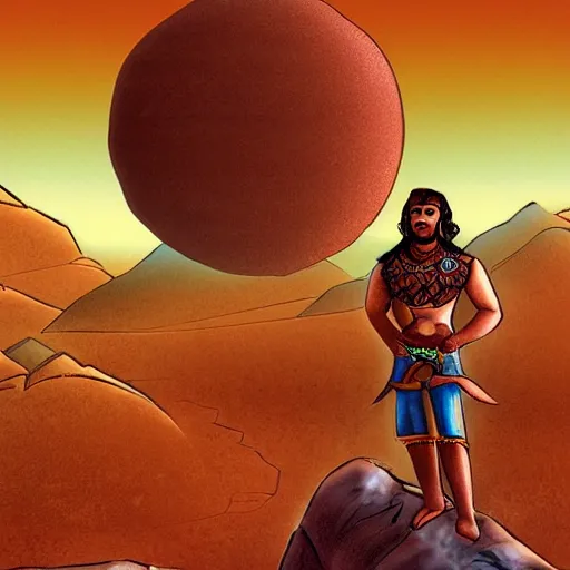 Prompt: persian folktale art style, barbarian on mars, pulp science fiction, standing atop boulder overlooking barren expanse, back facing the viewer