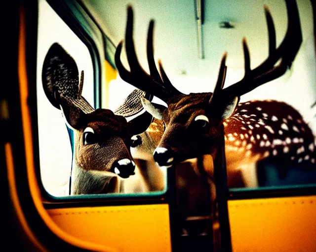 Image similar to a lomography photo of rumble between two human with deer head in soviet train this morning, bokeh,