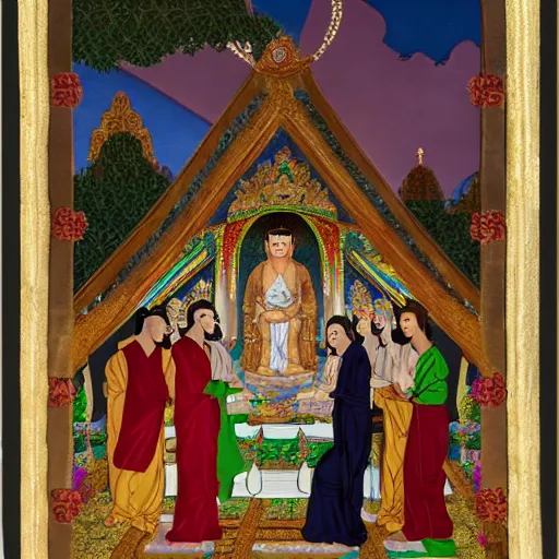 Image similar to Jesus Christ the groom marrying Buddha the bride, wedding photo