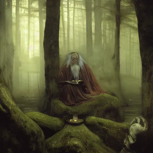 Image similar to detailed and oil painting, hyper realistic | cinematic lighting, award - winning | the robed hermit leans with his lamp upon the abyss of the dark well in the misty forest | by henry fuseli, by gustav klimt, by william waterhouse and tom bagshaw | trending on artstation, cgsociety, official art, octane.