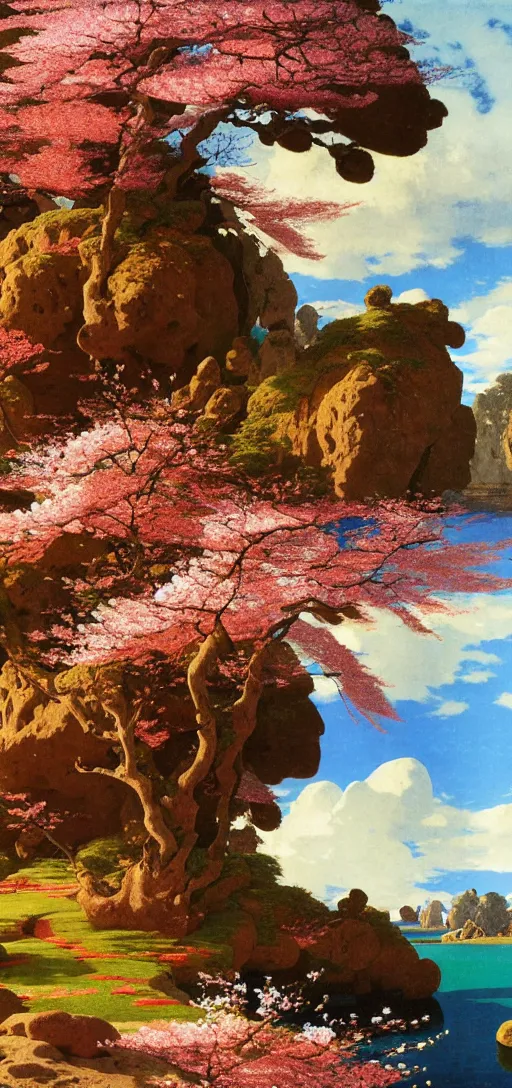 Image similar to ghibli illustrated background of a strikingly beautiful landform with strange rock formations and red water and cherry blossoms by vasily polenov, eugene von guerard, ivan shishkin, albert edelfelt, john singer sargent, albert bierstadt 4 k