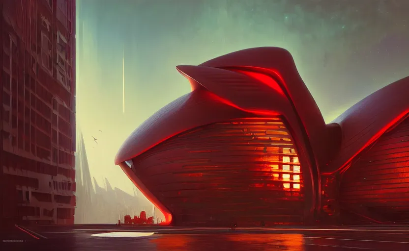 Image similar to exterior shot of utopian architecture red building with cinematic lighting by zaha hadid and renzo piano, darek zabrocki and greg ruthkowski, alphonse mucha, simon stalenhag, cinematic, stars, beautiful, holy place, paradise, scifi, futurism, atmospheric, concept art, artstation, trending on artstation