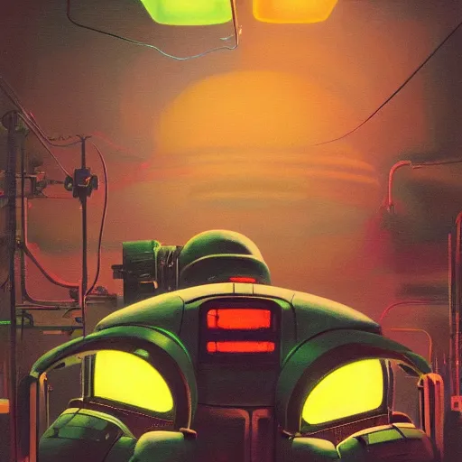 Prompt: a dark and colorful close - up of a sci - fi mecha walrus robot with led lights glowing fog in the background. highly detailed science fiction painting by norman rockwell, frank frazetta, and syd mead. rich colors, high contrast, gloomy atmosphere, dark background. trending on artstation