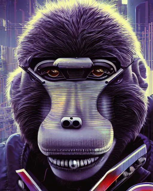 Image similar to a portrait of an anthropomorphic cyberpunk baboon by sandra chevrier, detailed render, tape deck, epic composition, cybernetics, 4 k realistic, cryengine, realistic shaded lighting, sharp focus, masterpiece, by matteo scalera, gary montalbano, peter elson in the style of the tokyo ghost comic