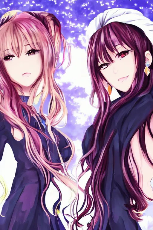 Image similar to two beautiful female idols standing angry face to face, detailed anime art