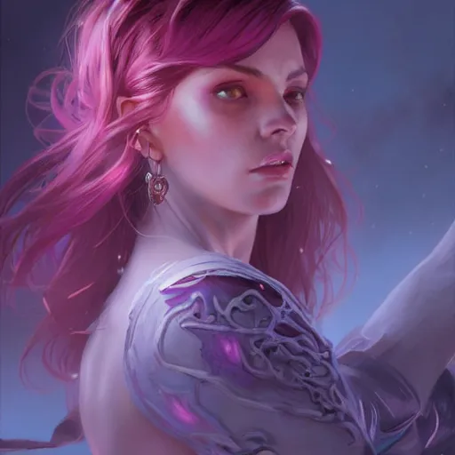 Prompt: necromancer glowing with purple magic, red hair, female, glacier landscape, D&D, fantasy, intricate, elegant, highly detailed, digital painting, artstation, concept art, matte, sharp focus, illustration, art by Artgerm and Greg Rutkowski and Alphonse Mucha