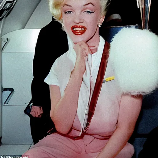 Prompt: DSLR 35mm film photography of young marilyn monroe, 1980s fashing, as a flight attendant in 1998