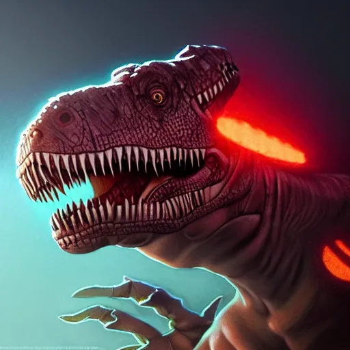 Image similar to t - rex in a karate suit, practicing martial arts, diffuse lighting, fantasy, highly detailed, photorealistic, digital painting, artstation, illustration, concept art, smooth, sharp focus, in the style of tom bagshaw