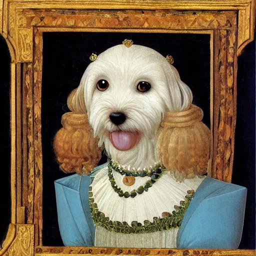 Prompt: portrait of a white labrododdle dog in an italian queen costume, painting by botticelli, 1 4 8 0 s