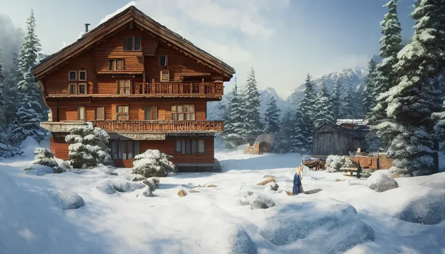 Prompt: A highly detailed matte painting of Modern chalet built in the snowy mountains, by Studio Ghibli, Makoto Shinkai, by Artgerm, by WLOP, by Greg Rutkowski, volumetric lighting, octane render, 4K resolution, trending on artstation, masterpiece