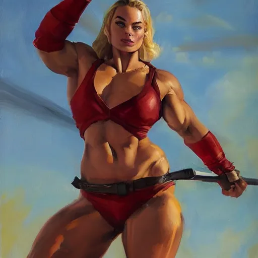 Image similar to greg manchess portrait of margot robbie as thick female bodybuilder lara croft wearing red armour in disco elysium, epic grimdark, fantasy, medium shot, asymmetrical, profile picture, organic painting, sunny day, matte painting, bold shapes, hard edges, street art, trending on artstation, by huang guangjian and gil elvgren and sachin teng