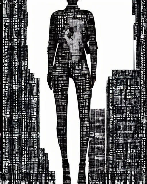 Image similar to cypherpunk fashion illustration, camera face, city street background with high tall buildings, abstract portrait highly detailed, finely detailed