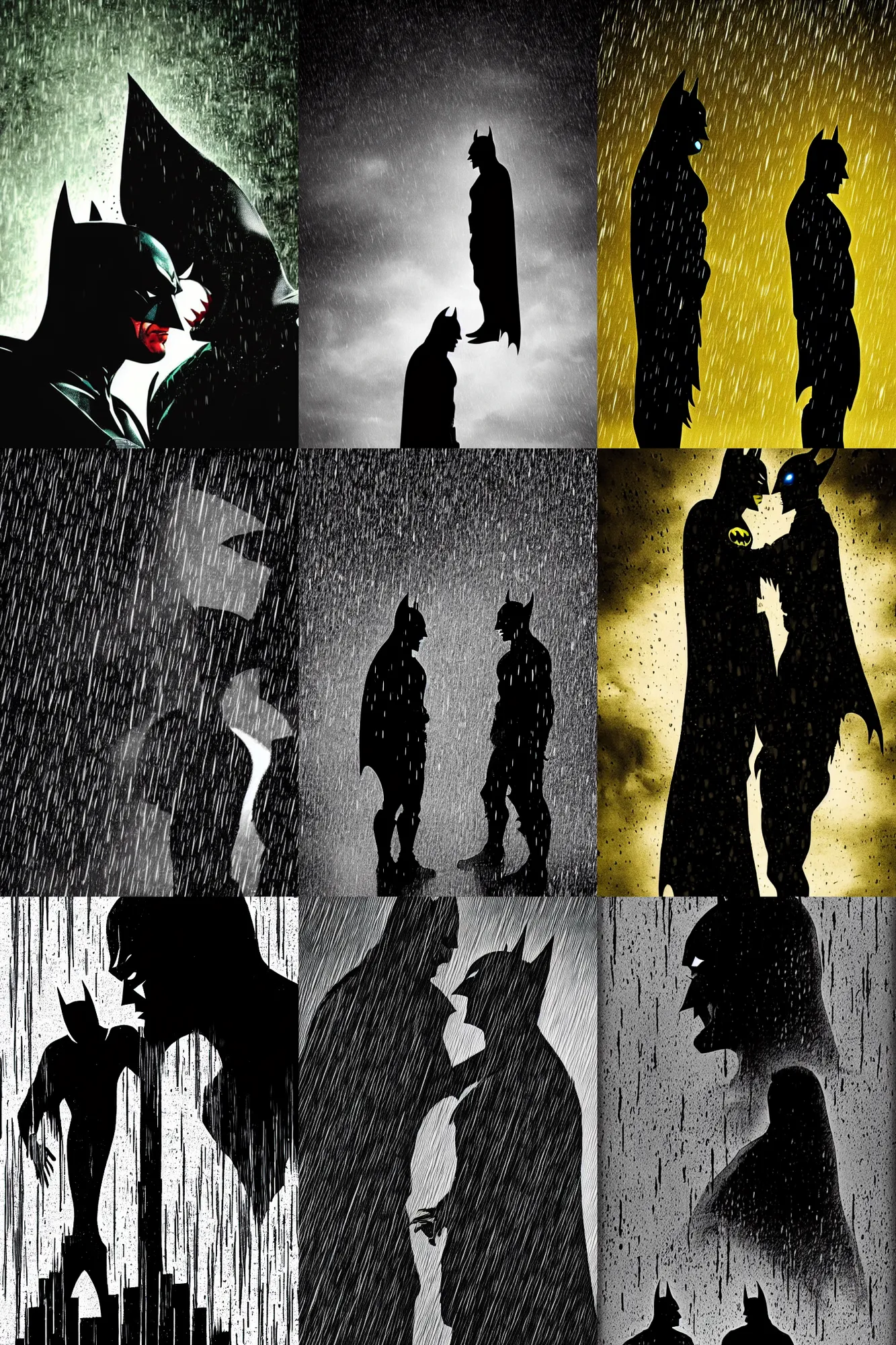 Prompt: batman and the joker facing each other in the rain, profile, silhouetted, rim light, dark