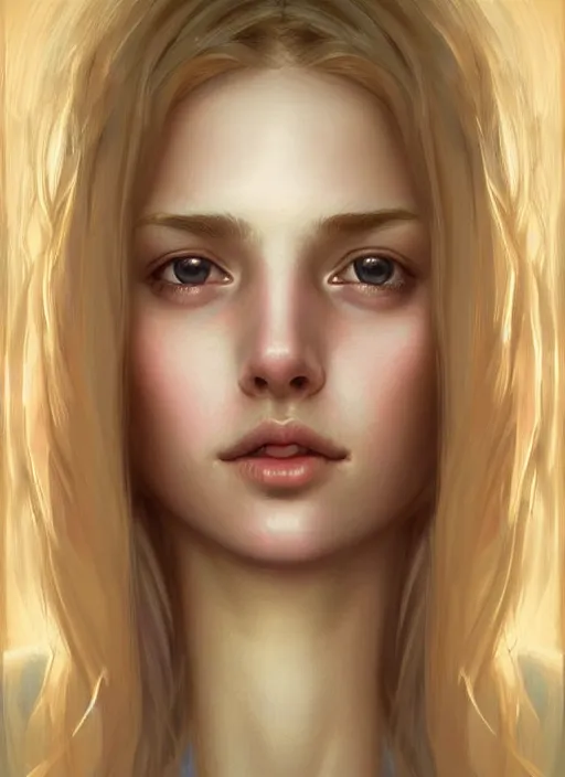 Image similar to beautiful symmetrical face, portrait of young woman blessed with ever - increasing physical and mental perfection, realism, blonde hair, perfect face!! intricate, elegant, highly detailed, vision of holy perfection!! smile, digital painting, artstation, concept art, smooth, sharp focus, illustration, humanity, art by artgerm and greg rutkowski and alphonse mucha