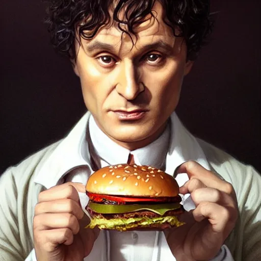 Prompt: portrait of Harry Houdini eating hamburgers, extra onions and ketchup, luscious patty with sesame seeds, feminine ethereal, handsome, D&D, fantasy, intricate, elegant, highly detailed, digital painting, artstation, concept art, matte, sharp focus, illustration, art by Artgerm and Greg Rutkowski and Alphonse Mucha