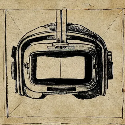 Image similar to Vintage, detailed, sketch of Oculus Rift, with full descriptions, on parchment, as depicted in Leonardo da Vinci's Codex Atlanticus